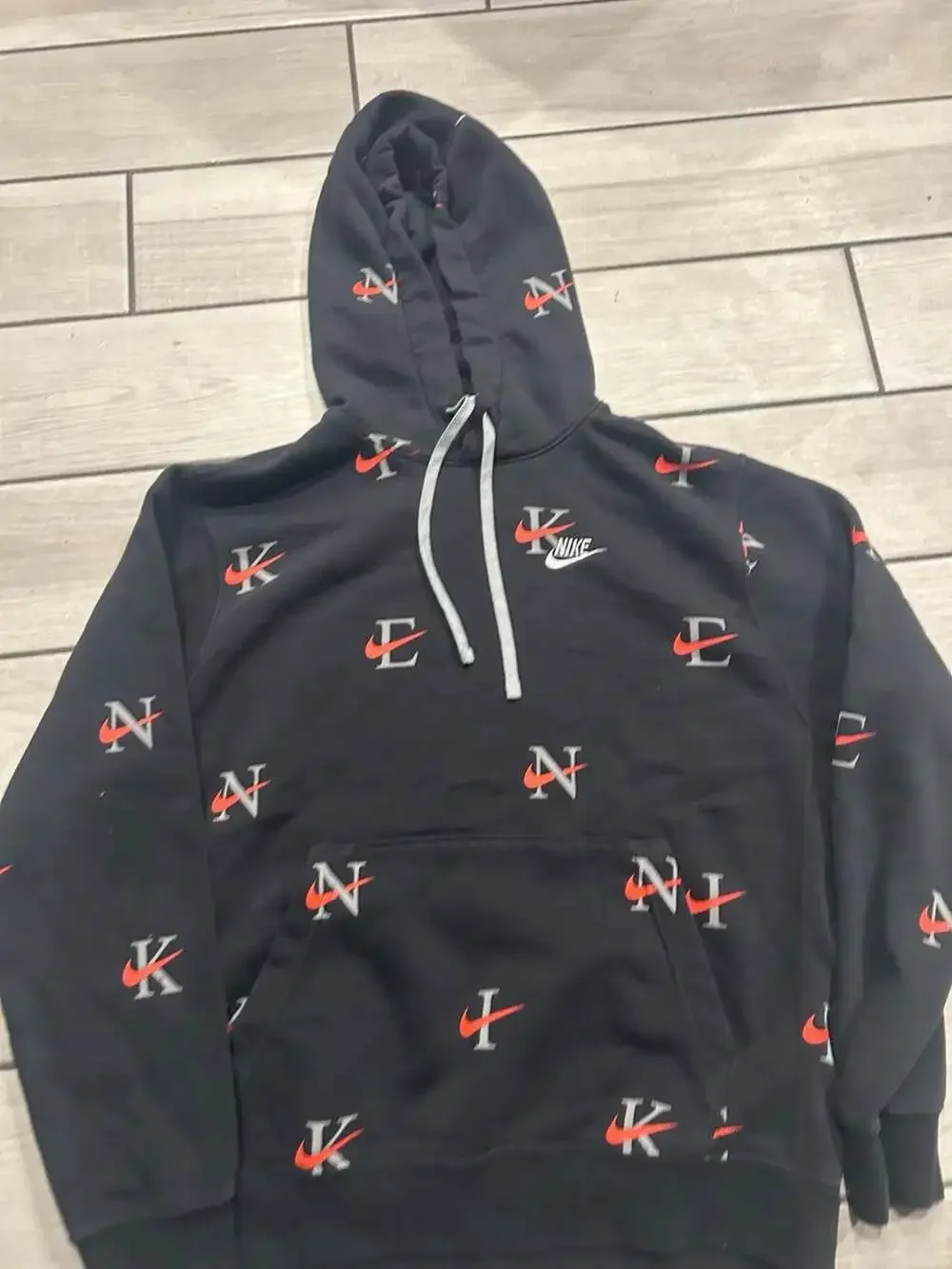Nike All Over Print Club Fleece Hoodie Mens large Black Pullover
